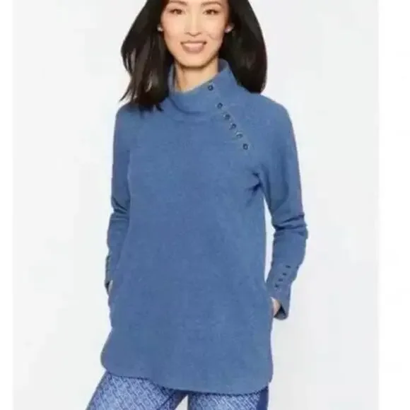 J McLaughlin Marisa Fleece Top Button Detailed High Neck Blue Size Medium - Picture 1 of 10